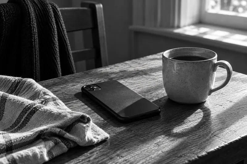 Ein umgedrehtes Telefon neben einer Tasse.