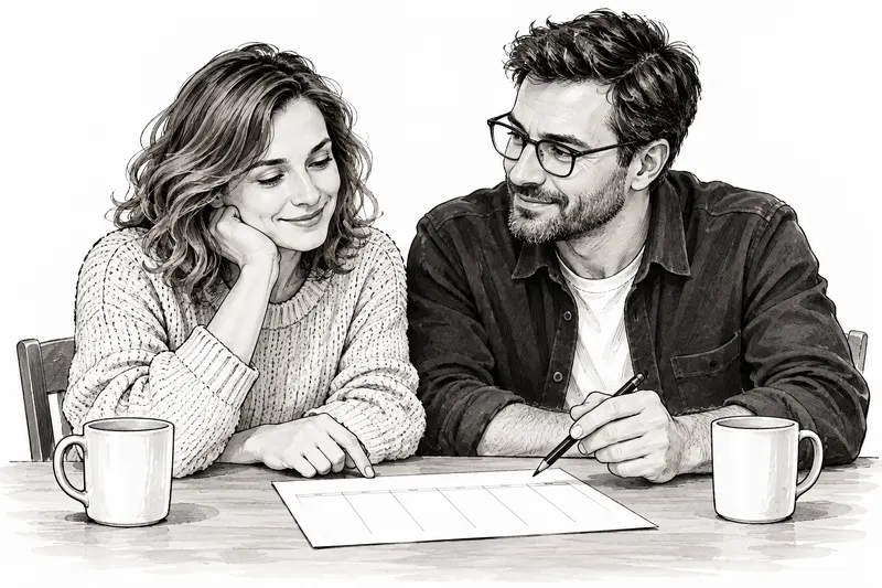 Lena und Markus sitzen mit einem Wochenblatt und zwei Tassen am Küchentisch.